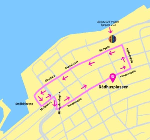 The parade begins at Rådhusplassen and goes through Kongensgate, Rådhusgata, Storgata through Glasshuset, Moloveien, Hålogalandsgata, Kongensgate and back to Rådhusplassen.